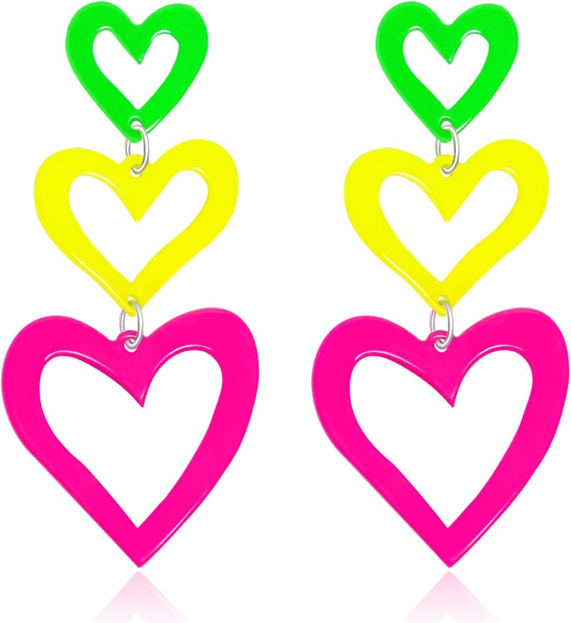 HOLYRY Neon Heart Earrings for Women Acrylic Neon Earrings 80s 90s Outfit for Women Glow Party Accessories Gifts Hot Pink Orange Green Yellow - Image 1